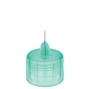 Green sterile hypodermic needle with protective cap for medical use on white background