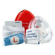 CPR rescue mask kit with mask, gloves, alcohol prep pad, and red carrying case