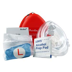 CPR rescue mask kit with mask, gloves, alcohol prep pad, and red carrying case