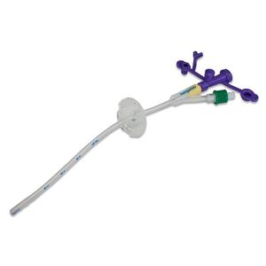 Medical feeding tube with purple connectors and measurement markings for home care use