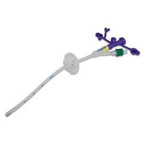 Medical feeding tube with purple connectors and measurement markings for home care use