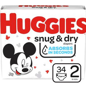 Huggies Snug & Dry size 2 diapers pack with Mickey Mouse design, 34 count, absorbent core.