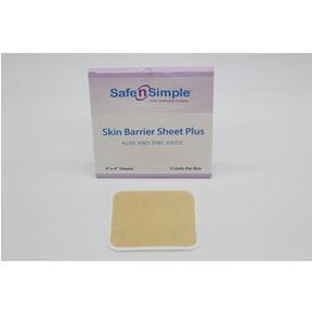 Skin Barrier Sheet Plus with aloe and zinc oxide, medical dressing pad in front of box packaging