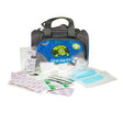 Children’s first aid kit with medical supplies, cartoon turtle design on blue and grey bag
