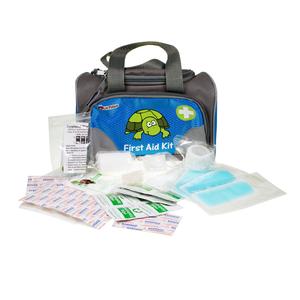 Children’s first aid kit with medical supplies, cartoon turtle design on blue and grey bag