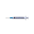 Sterile disposable medical syringe with needle on white background