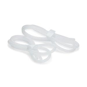 Clear medical tubing set coiled on a white background, essential medical supply.