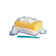 Yellow and white bathing sponge with suds, plastic handle for personal hygiene care