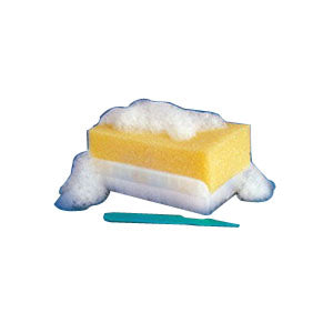 Yellow and white bathing sponge with suds, plastic handle for personal hygiene care