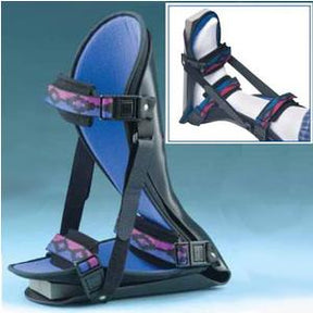 Adjustable orthopedic night splint for foot and ankle support, featuring padded straps and a blue lining, shown on a white background.