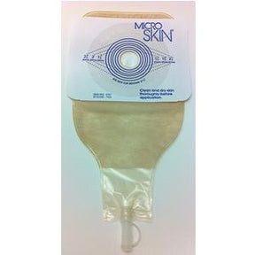 Ostomy pouch with beige MicroSkin barrier and drainage outlet, medical supply product.
