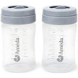 Two Ameda breast milk storage bottles with measurement markings and grey lids