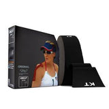Black uncut kinesiology tape roll with packaging featuring an athlete using tape on shoulder