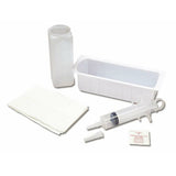 Rectangular medical irrigation kit with plastic syringe, basin, container, gauze, and alcohol pad