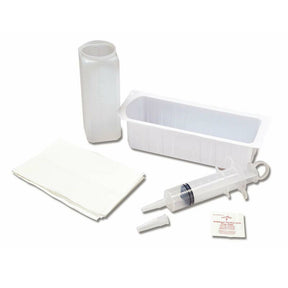 Rectangular medical irrigation kit with plastic syringe, basin, container, gauze, and alcohol pad