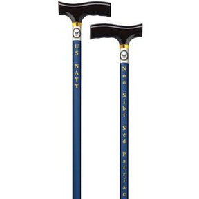 Blue walking canes with US Navy insignia and text, featuring ergonomic black handles