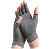 gray compression gloves for arthritis relief worn on hands