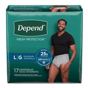 Depend Fresh Protection men's incontinence underwear large, 17 count pack, with smiling model