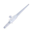 Transparent plastic medical tubing connector with tapered tip on white background