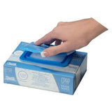 Hand opening blue-lidded box of CPAP mask wipes for medical equipment cleaning