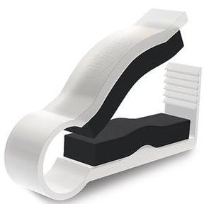 Plastic tube clamp for medical tubing, white with black grip, on white background