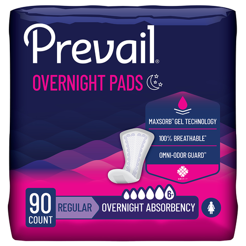 Prevail Incontinence & Postpartum Bladder Control Pads for Women, Overnight Absorbency, Regular Length