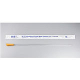 Intermittent coude male catheter with orange tip and sterile packaging on grey background