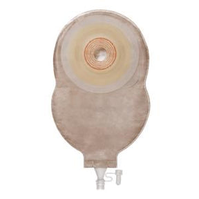 Beige medical ostomy pouch with drainable outlet and adhesive barrier on white background