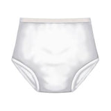 White adult incontinence brief, front view, disposable absorbent underwear