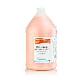 DermaVera skin and hair cleanser gallon jug, peach liquid with label, medical hygiene supply