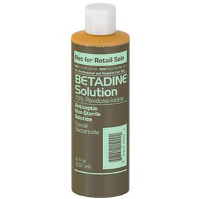 Betadine Solution antiseptic bottle, topical povidone-iodine, medical supply