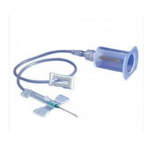 Butterfly infusion set with needle, flexible tubing, and winged grip for medical use