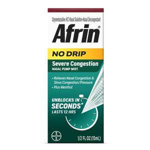 Afrin No Drip Severe Congestion nasal spray box for relief of nasal congestion and sinus pressure