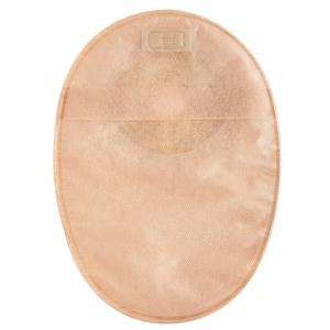 Beige ostomy pouch for medical stoma care, displayed on white background