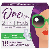 One by Poise 2-in-1 Pads packaging for period flow and bladder leaks, 18 ultra thin pads