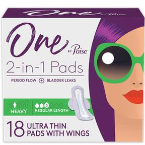 One by Poise 2-in-1 Pads packaging for period flow and bladder leaks, 18 ultra thin pads