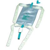 Leg drainage bag with adjustable straps and blue valve for medical use.