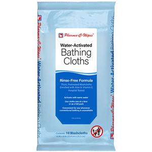 Package of water-activated bathing cloths, rinse-free, for home medical hygiene.