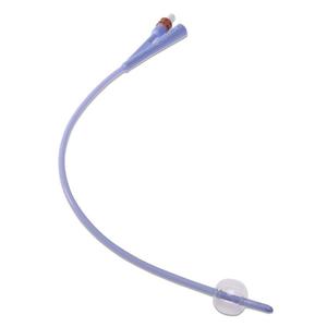 Sterile silicone Foley catheter with inflatable balloon for medical use on white background