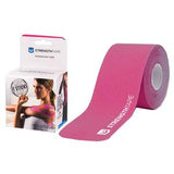 Pink kinesiology tape roll and packaging for muscle and joint support, injury recovery