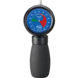 Handheld medical manometer for measuring pressure, with a blue dial and black grip handle