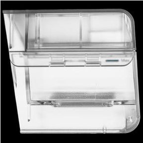 Transparent CPAP water chamber humidifier replacement part on black background
