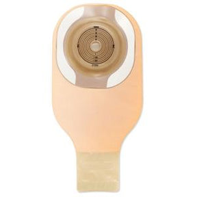 Beige ostomy pouch with adhesive barrier for medical stoma care, flat drainable design.