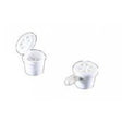 Disposable white medical specimen cups with attached lids on a white background