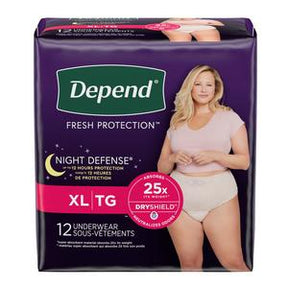 Depend Fresh Protection Night Defense XL adult underwear packaging, 12 count, for incontinence