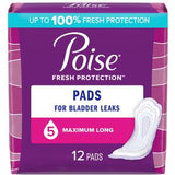 Package of Poise maximum long pads for bladder leakage, 12-count, for incontinence protection.