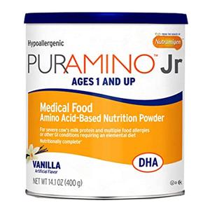 PurAmino Jr amino acid-based medical nutrition powder for ages 1 and up, vanilla flavor.