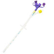 Medical gastrostomy feeding tube with purple and yellow connectors on white background