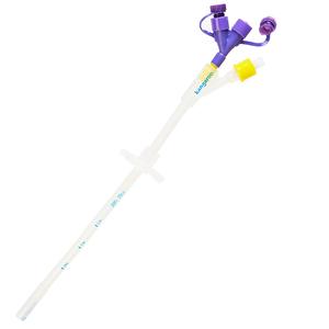Medical gastrostomy feeding tube with purple and yellow connectors on white background