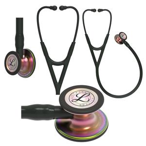 Black and iridescent stethoscope for medical use, shown from multiple angles